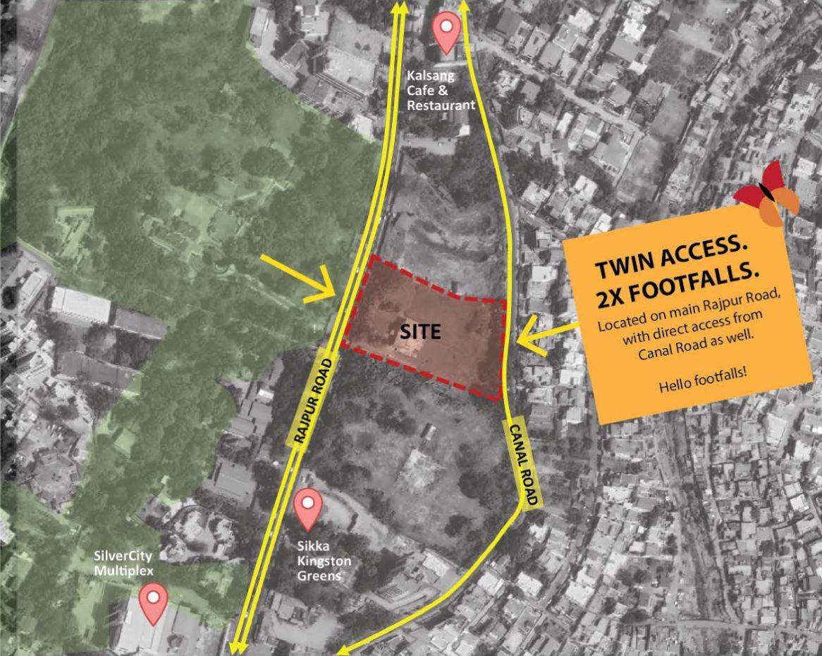Aerial map showing the Aarone Oasis site between Rajpur Road and Canal Road, Dehradun