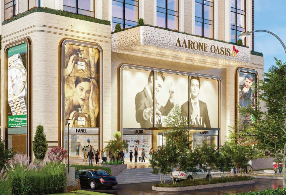 Render of the Aarone Oasis entrance plaza on Rajpur Road